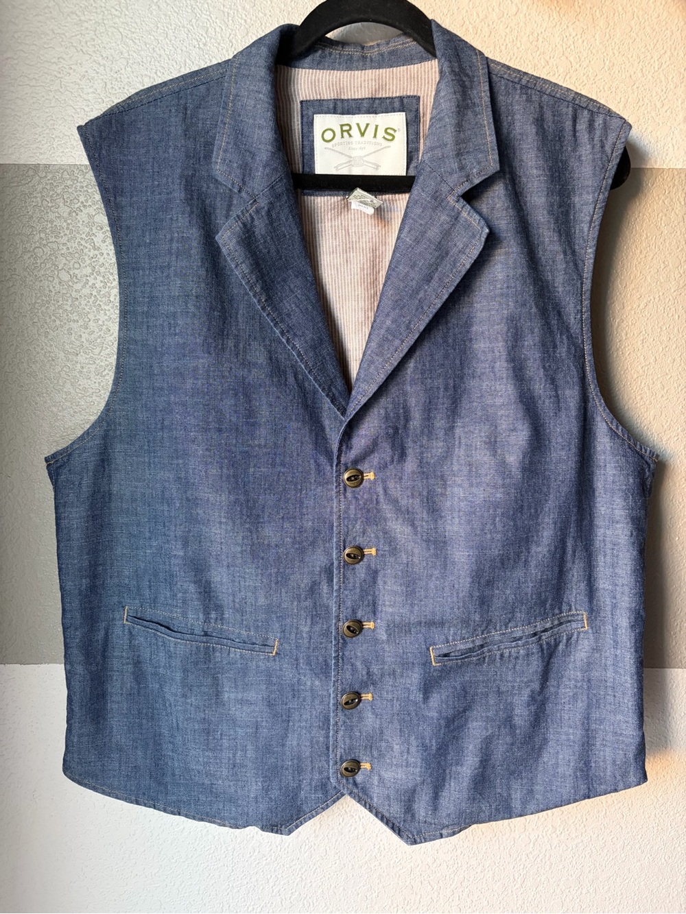 Orvis Men’s XL Denim Chambray Lined Blue Suit Vest Five Button Cotton